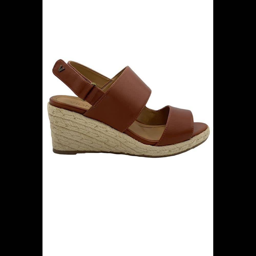 Vionic Leather or Cork Backstrap Espadrille Wedges Brooke Cognac - Wide